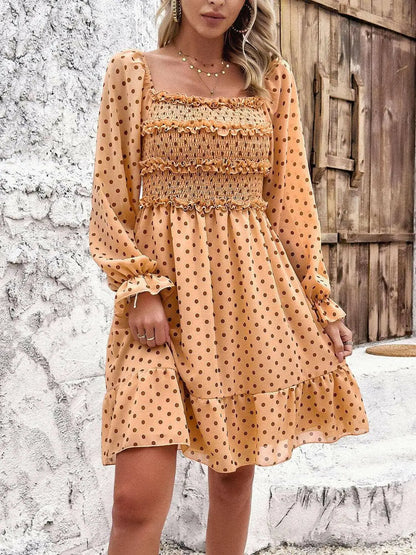 Smocked Polka Dot Long Sleeve Dress.