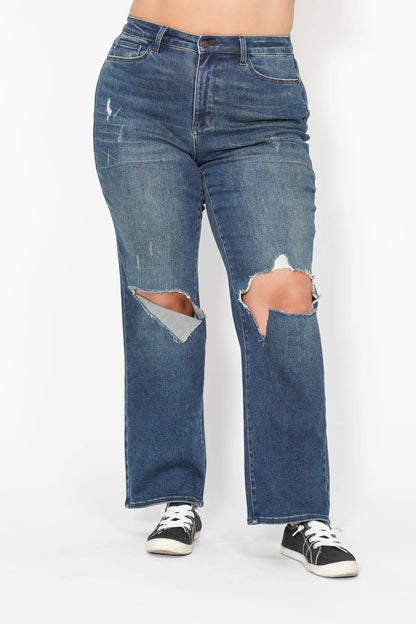 Judy Blue Full Size Hw Ripped Knee Dad Jeans Plus Size - Premium Women / Jeans & Denim from Trendsi - Just $67.99! Shop now at Handbags Specialist Headquarter