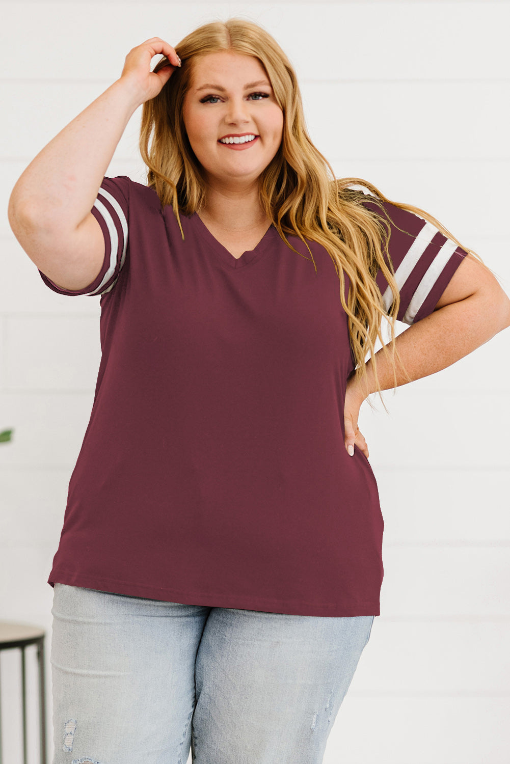 Plus Size Striped V-Neck Tee Shirt - Premium Plus Size Shirts from Trendsi - Just $26! Shop now at Handbags Specialist Headquarter