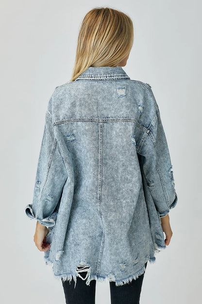 RISEN Distressed Raw Hem Denim Shirt - Premium Women / Jeans & Denim from Trendsi - Just $53.10! Shop now at Handbags Specialist Headquarter