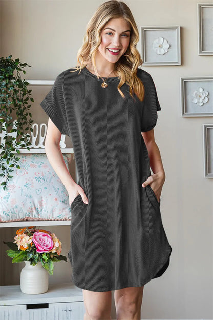 Heimish Full Size Ribbed Round Neck Short Sleeve Tee Dress - Premium Dresses from Trendsi - Just $36.99! Shop now at Handbags Specialist Headquarter