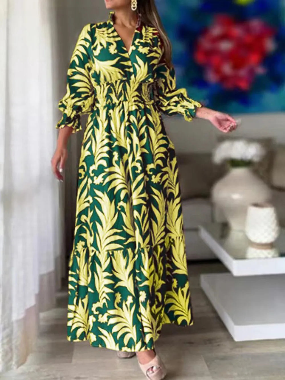 Printed Flounce Sleeve Maxi Dress - Premium Maxi Dress from Trendsi - Just $48.99! Shop now at Handbags Specialist Headquarter
