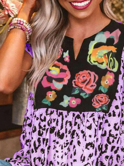 Full Size Leopard Floral Notched Cap Sleeve Blouse Plus Size.