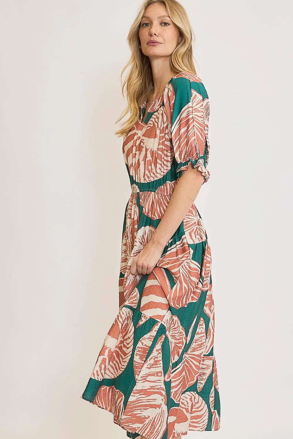 Umgee Full Size Printed Notched Puff Sleeve Midi Dress Plus Size - Premium Dresses from Trendsi - Just $64.99! Shop now at Handbags Specialist Headquarter