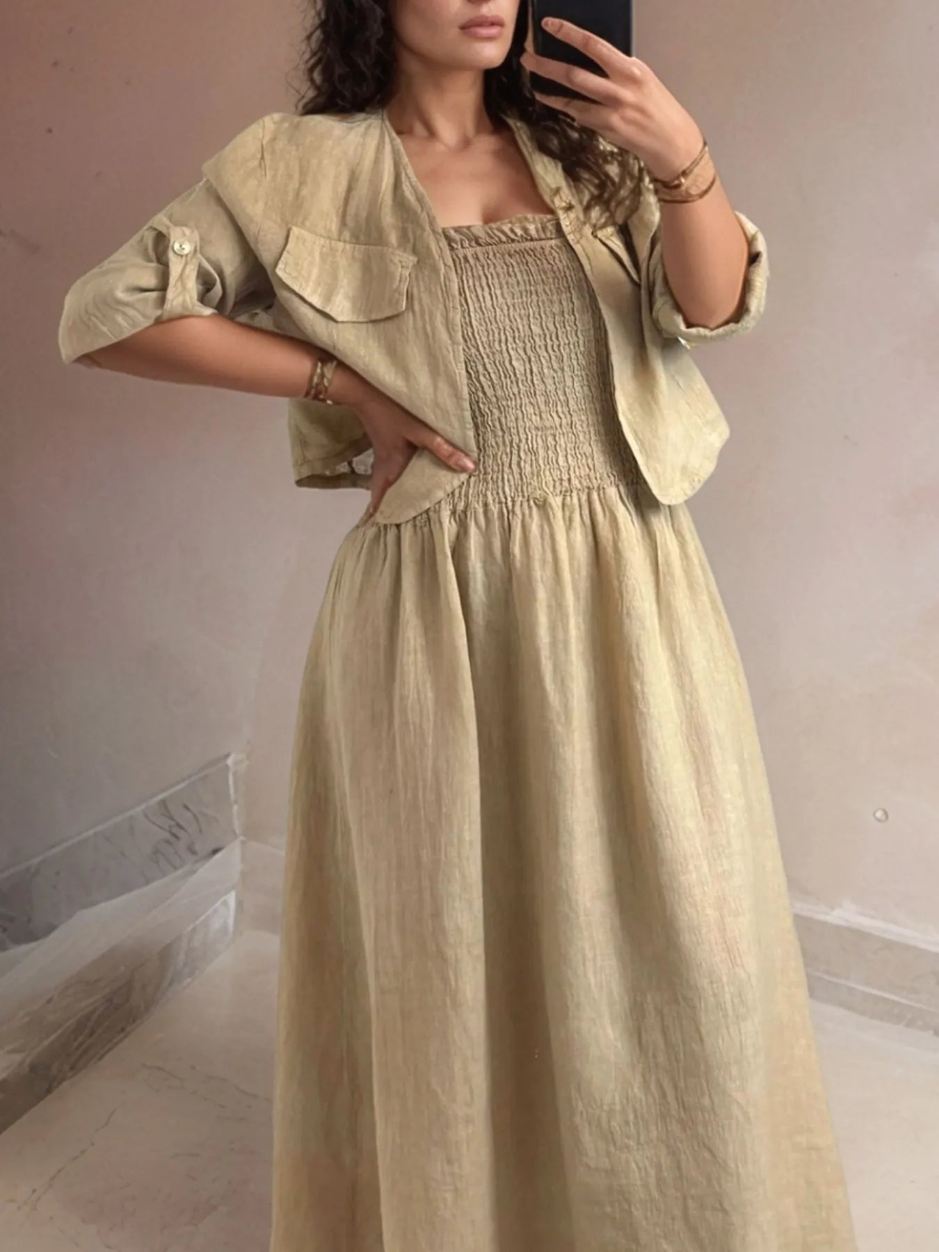 Full Size Smocked Cami Dress and Jacket Set Plus Size - Premium Dresses from Trendsi - Just $48.99! Shop now at Handbags Specialist Headquarter