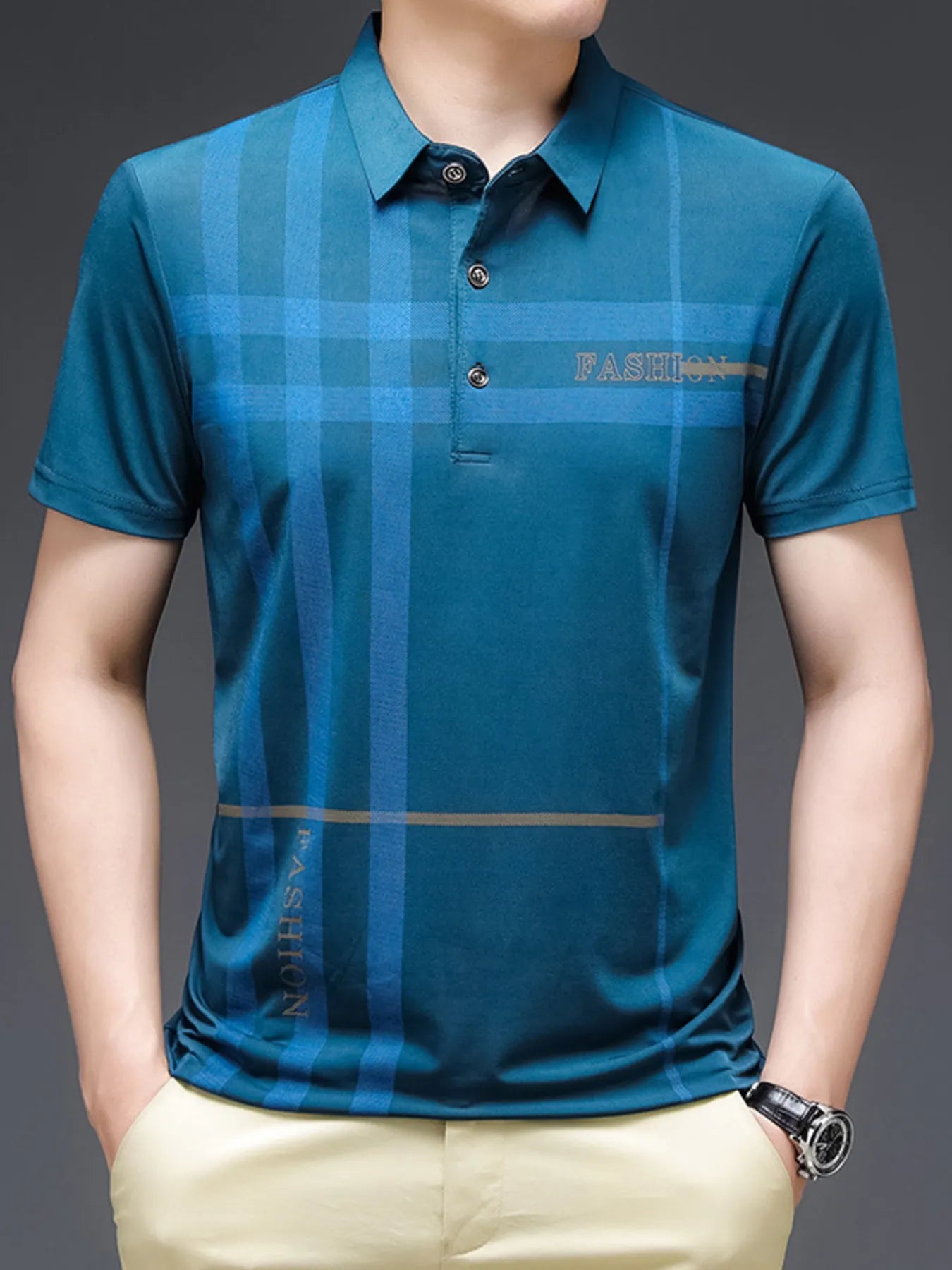 Men's Plus Size Plaid Pattern Short Sleeve Polo Shirt - Premium Men's Polo shirt from Trendsi - Just $28.99! Shop now at Handbags Specialist Headquarter