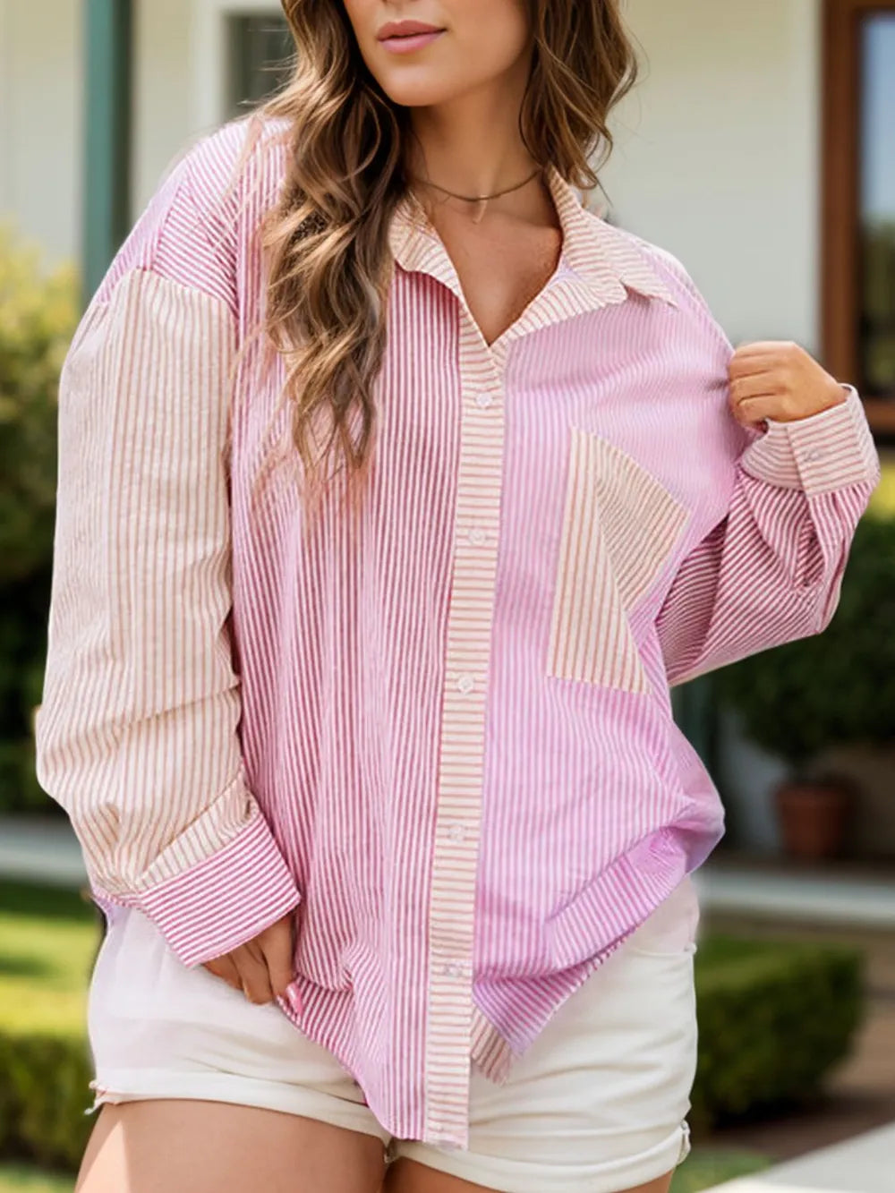 Plus Size Striped Collared Neck Long Sleeve Shirt - Premium Plus Size Shirts from Trendsi - Just $33! Shop now at Handbags Specialist Headquarter