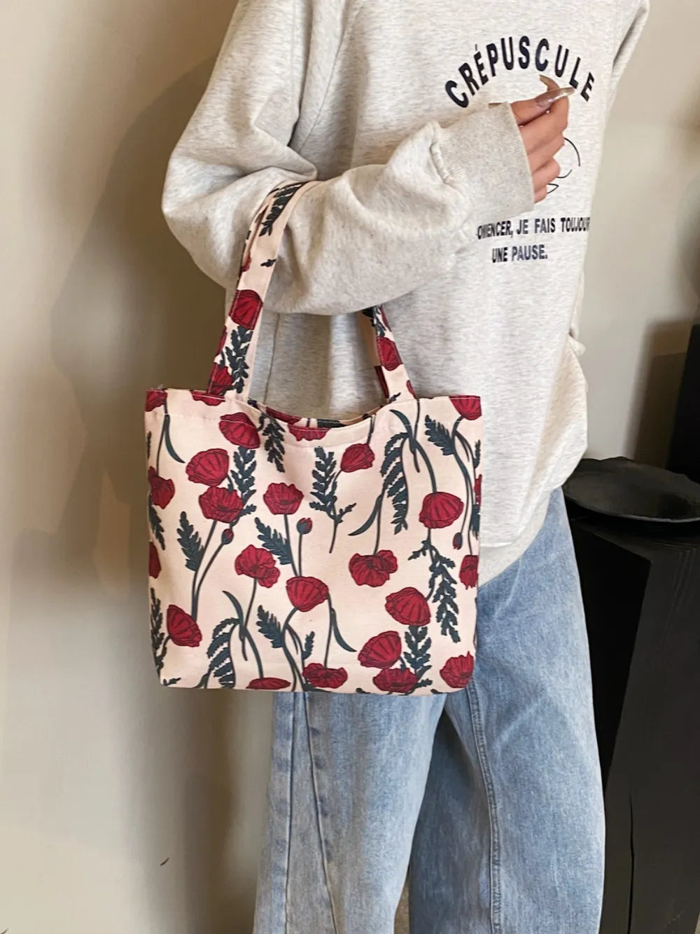 Printed Canvas Handbag with Zipper - Premium Handbags from Trendsi - Just $21.99! Shop now at Handbags Specialist Headquarter
