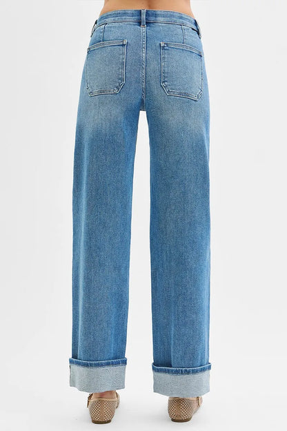 RISEN Full Size Elastic Band Mid Rise Wide Front Patch Pocket Cuff Jeans Plus Size - Premium Women / Jeans & Denim from Trendsi - Just $67.99! Shop now at Handbags Specialist Headquarter