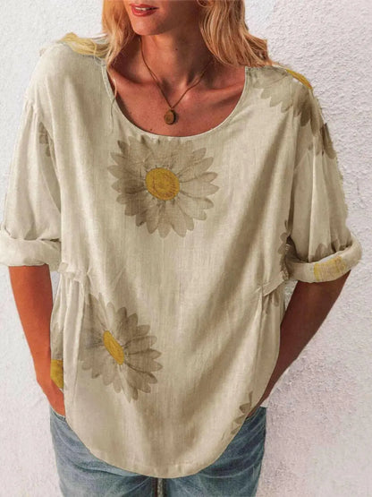 Full Size Flower Round Neck Half Sleeve T-Shirt Plus Size.