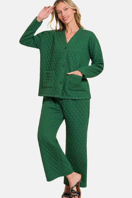 Zenana Quilted Button Up Long Sleeve Top and Pants Lounge Set - Premium Sleepwear from Trendsi - Just $46.99! Shop now at Handbags Specialist Headquarter