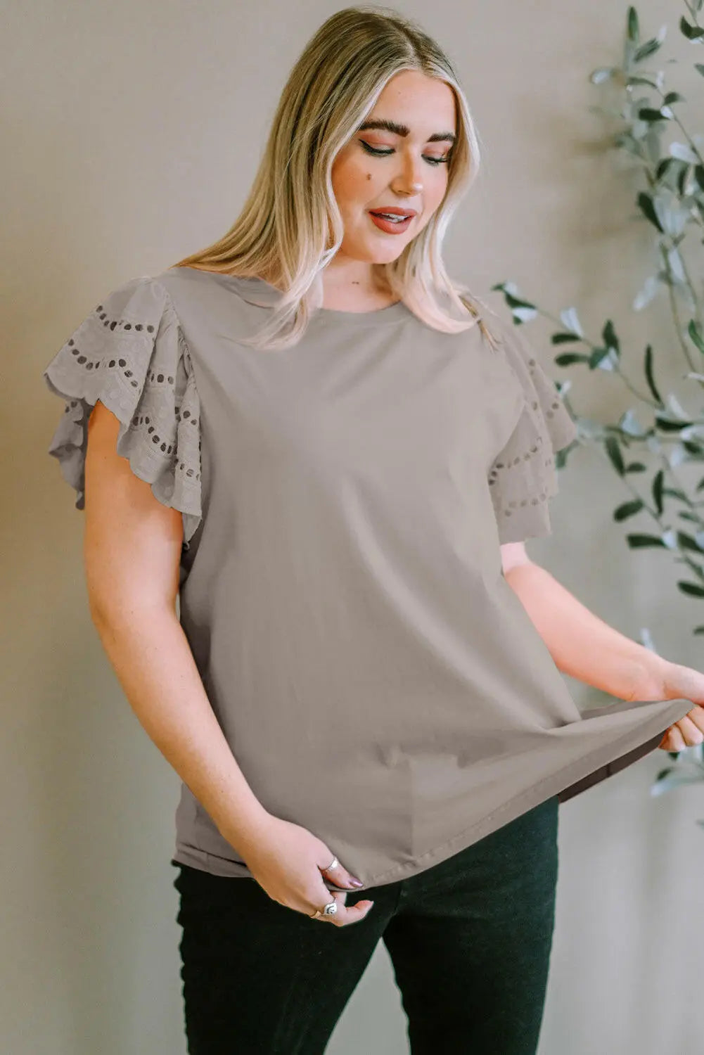 Plus Size Eyelet Round Neck Short Sleeve Blouse.