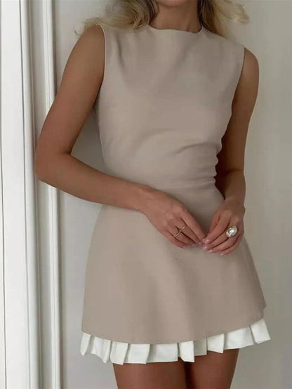 Sleeveless Contrast Mini Dress - Pleated Hem Detail - Premium  from Stone's Store - Just $36.99! Shop now at Handbags Specialist Headquarter