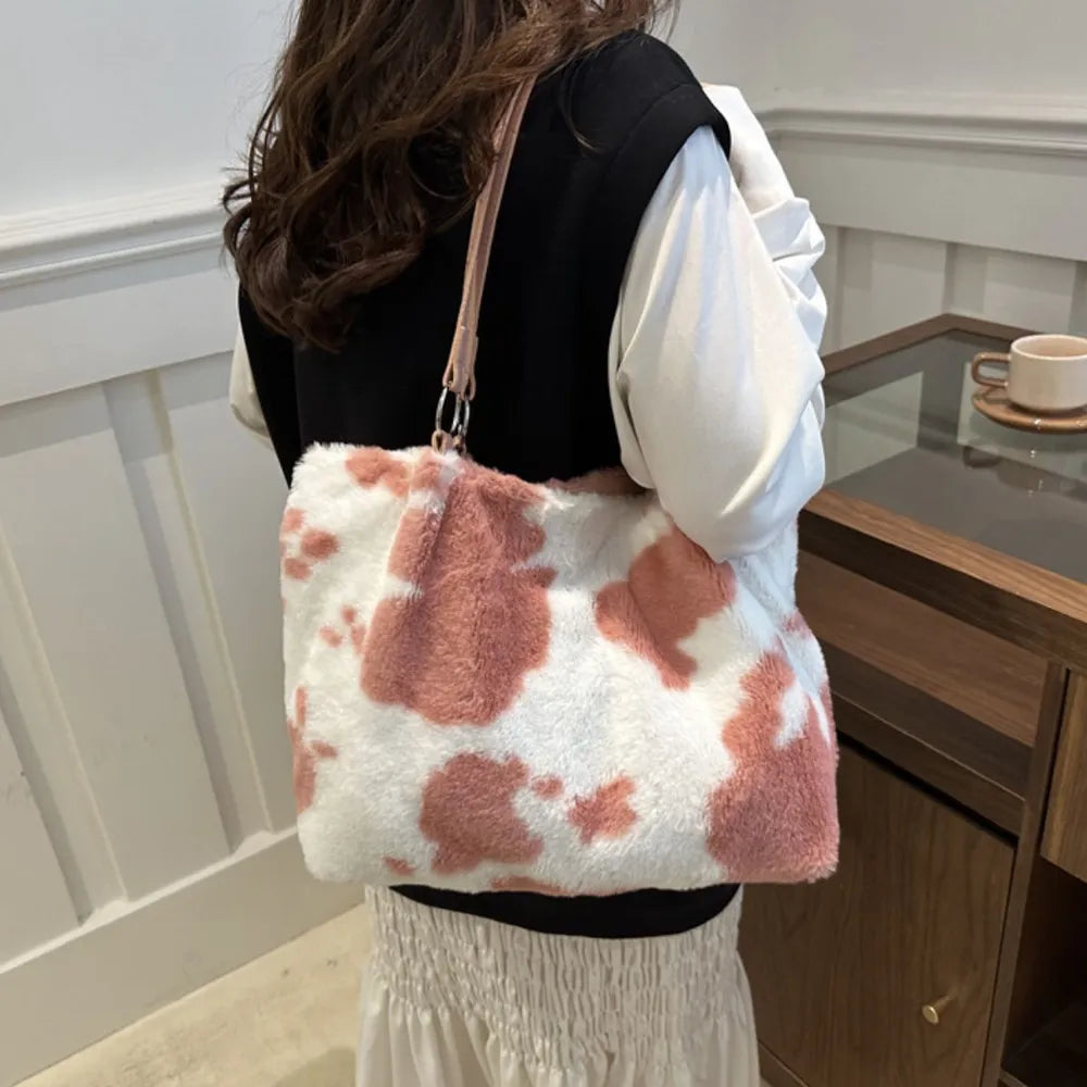 Cow Print Furry Tote Bag - Premium Tote Bag from Trendsi - Just $39.99! Shop now at Handbags Specialist Headquarter