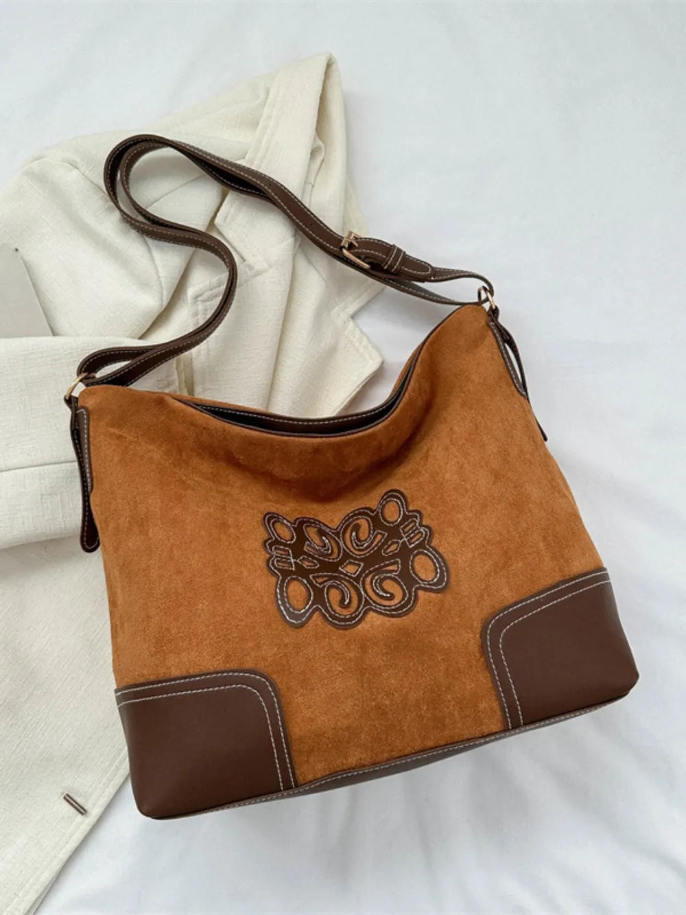 Suede Patch Adjustable Strap Tote Bag - Premium Tote Bag from Trendsi - Just $39.99! Shop now at Handbags Specialist Headquarter