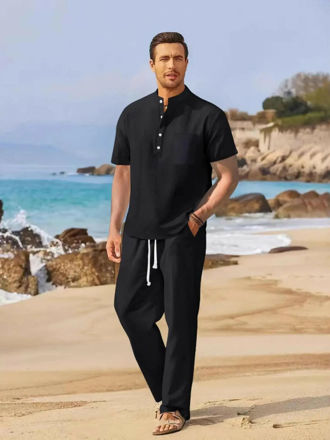 Men's Full Size Half Button Top and Drawstring Pants Set Plus Size.