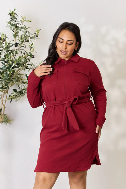 Culture Code Full Size Tie Front Half Zip Long Sleeve Shirt Dress - Premium Dresses from Trendsi - Just $37.99! Shop now at Handbags Specialist Headquarter
