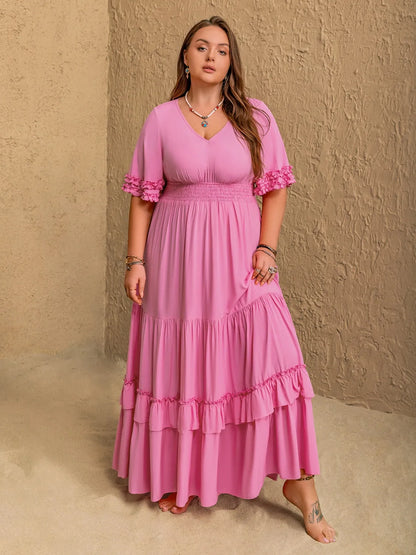 Plus Size V-Neck Half Sleeve Maxi Dress - Premium Dresses from Trendsi - Just $48.99! Shop now at Handbags Specialist Headquarter