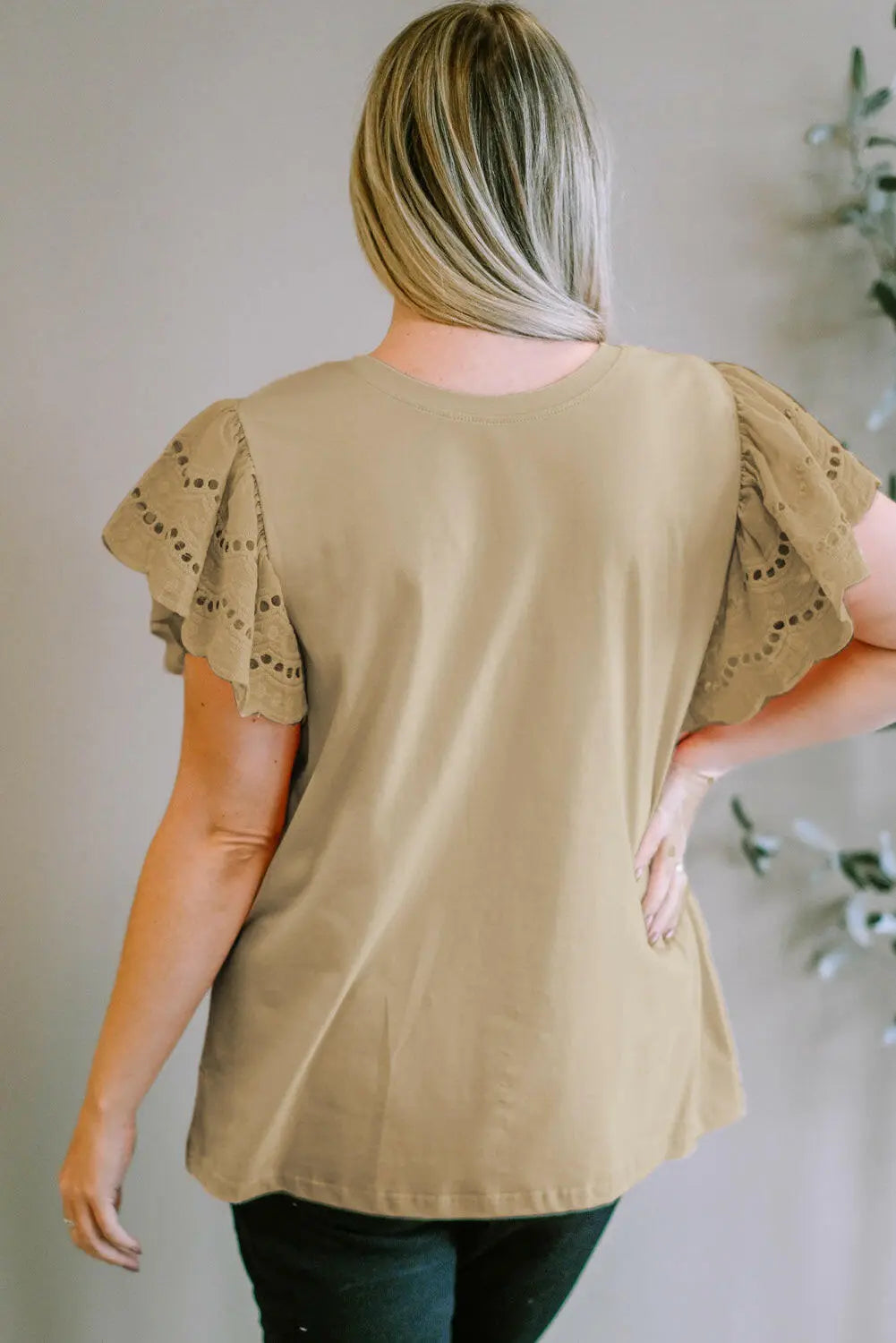 Plus Size Eyelet Round Neck Short Sleeve Blouse.