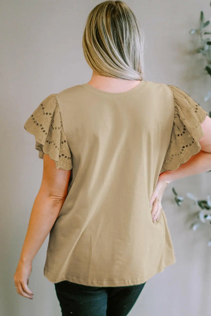 Plus Size Eyelet Round Neck Short Sleeve Blouse.