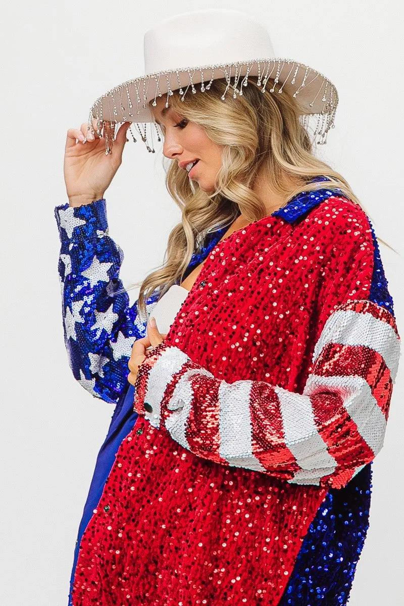 BiBi American Flag Sequin Snap Down Shirt - Premium Women / Jeans & Denim from Trendsi - Just $64.30! Shop now at Handbags Specialist Headquarter