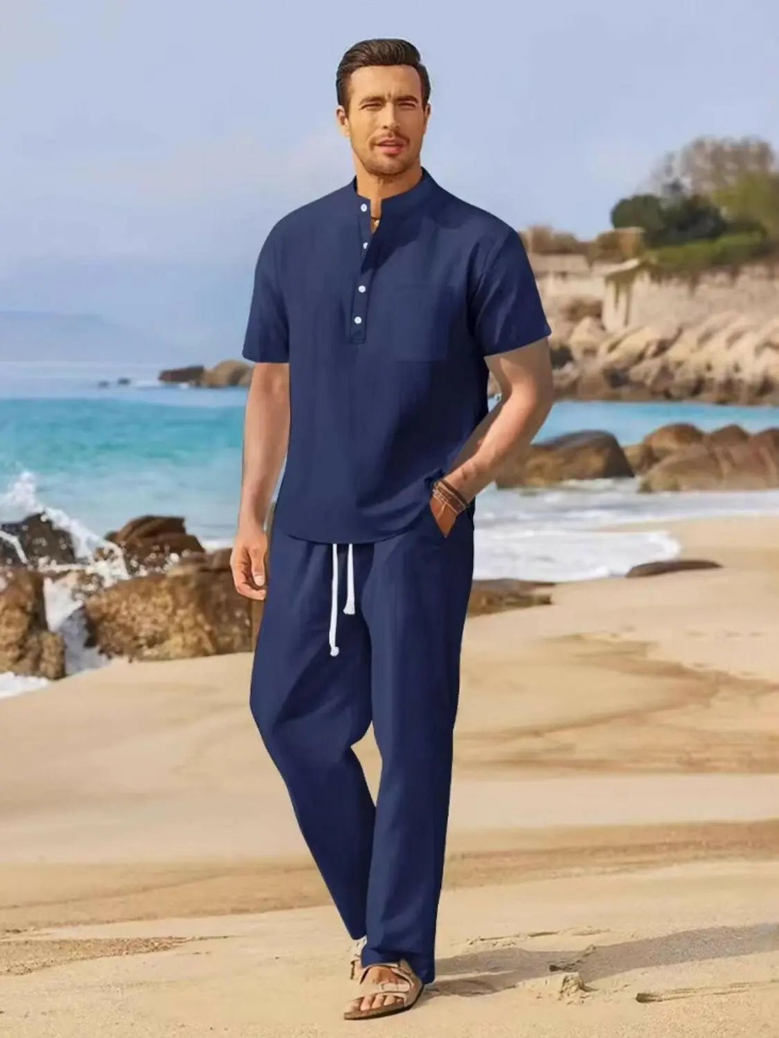 Men's Full Size Half Button Top and Drawstring Pants Set Plus Size.