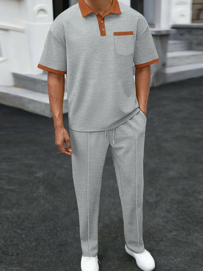Men's Full Size Waffle-Knit Contrast Polo and Pants Set Plus Size.