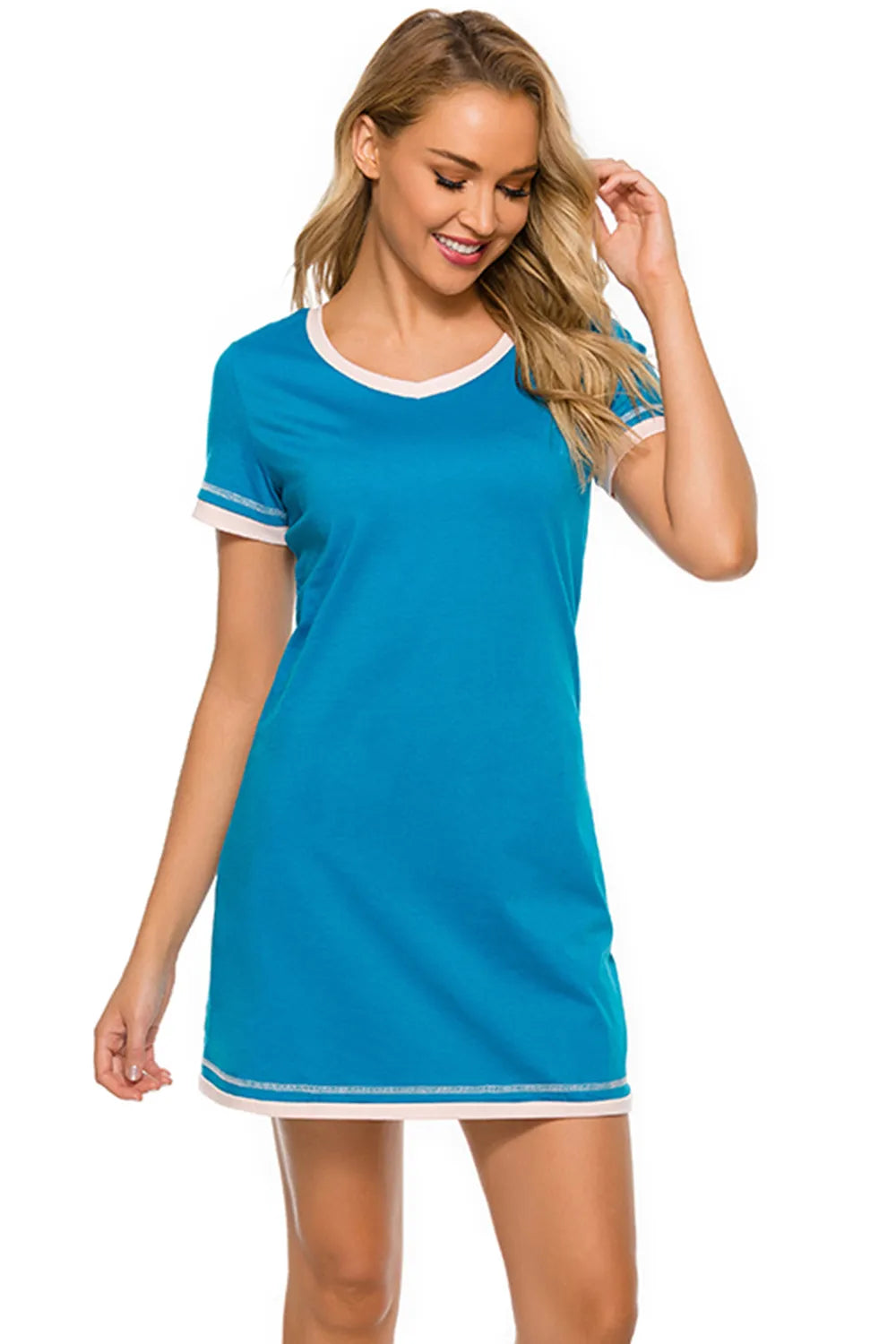 Contrast Trim Short Sleeve Lounge Dress - Premium Sleepwear from Trendsi - Just $26! Shop now at Handbags Specialist Headquarter