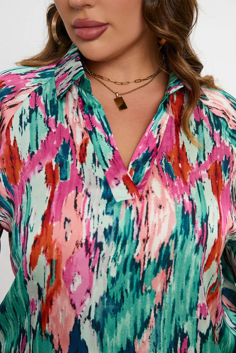 Plus Size Printed Johnny Collar Long Sleeve Blouse - Premium Plus Size Shirts from Trendsi - Just $29! Shop now at Handbags Specialist Headquarter