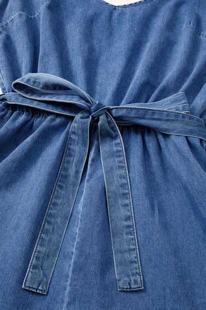 Spaghetti Straps V Neck Belted Ruffled Leg Chambray Romper - Premium Women / Jeans & Denim from Trendsi - Just $45.60! Shop now at Handbags Specialist Headquarter