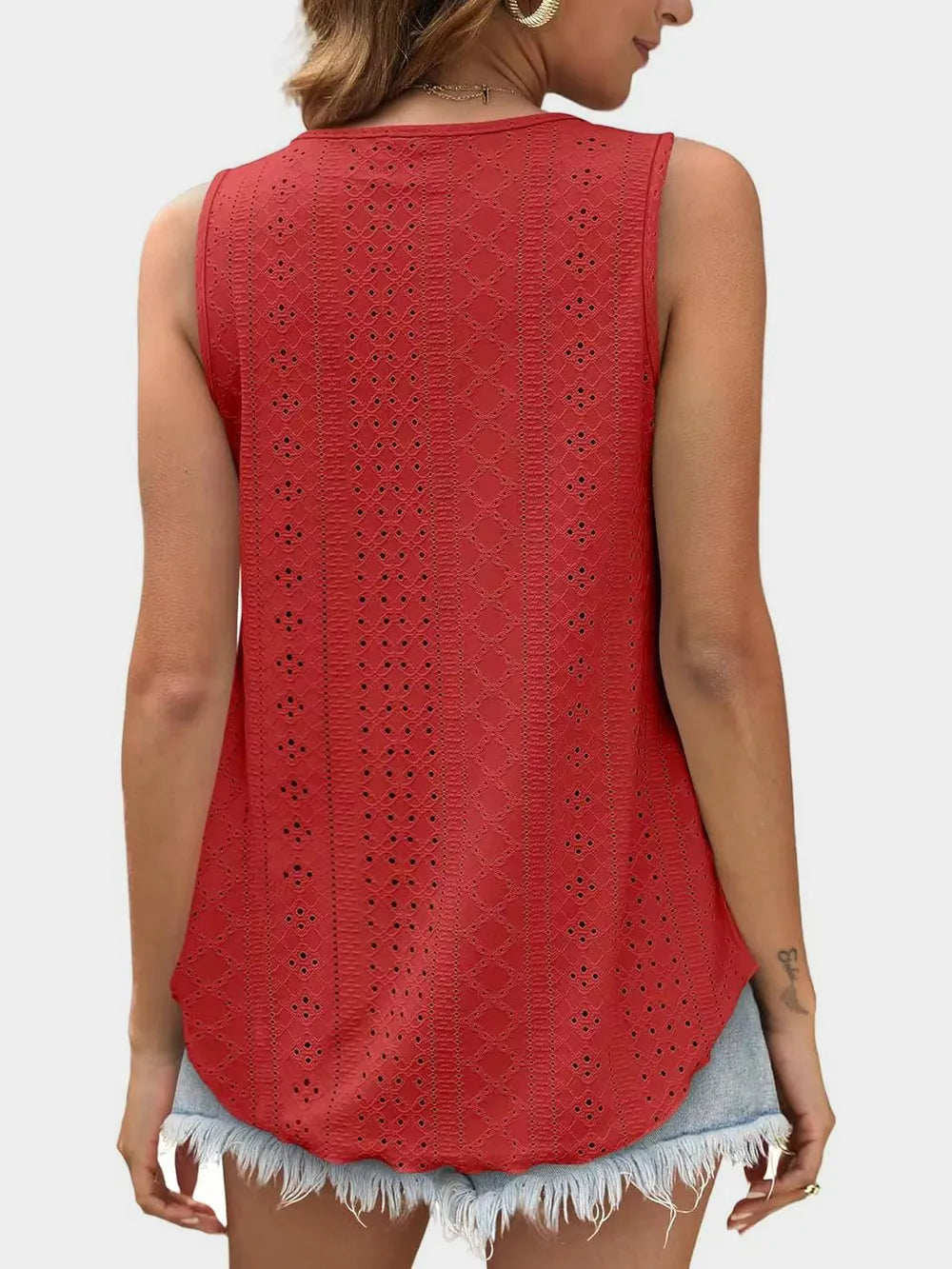 Florira Eyelet Round Neck Tank - Premium Tops from Trendsi - Just $18.22! Shop now at Handbags Specialist Headquarter