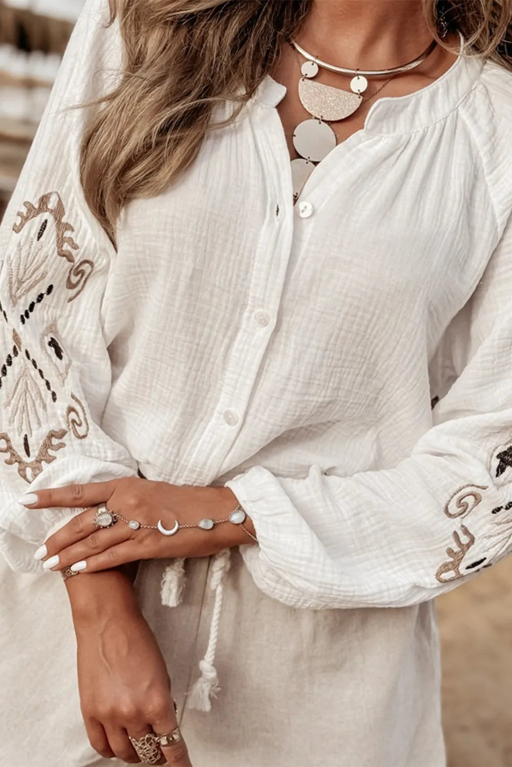 Embroidered Button Down Long Sleeve Shirt - Premium Women's Down Shirt Tops from Trendsi - Just $40.64! Shop now at Handbags Specialist Headquarter