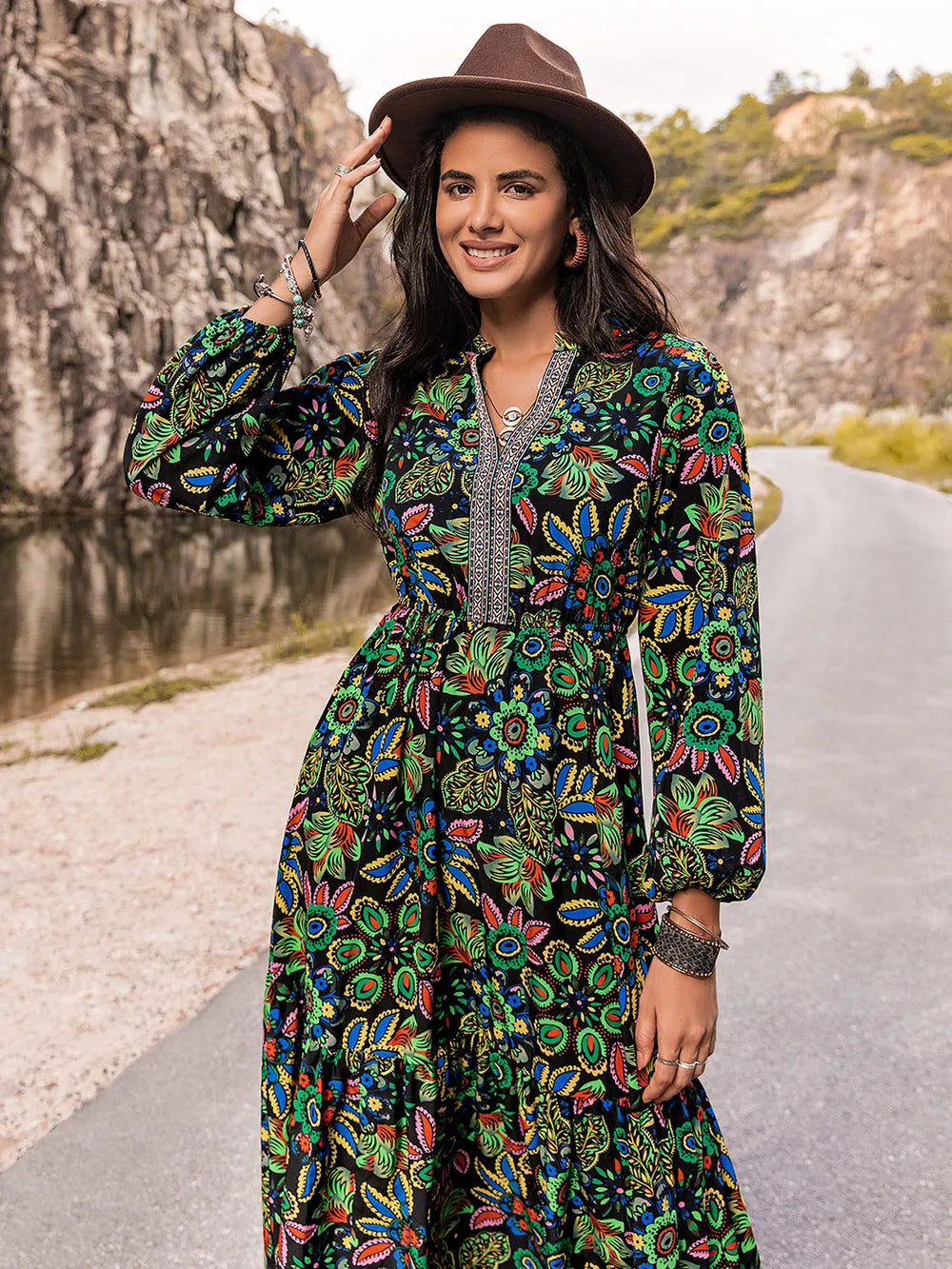 Printed Notched Neck Maxi Dress - Premium Maxi Dress from Trendsi - Just $49.99! Shop now at Handbags Specialist Headquarter