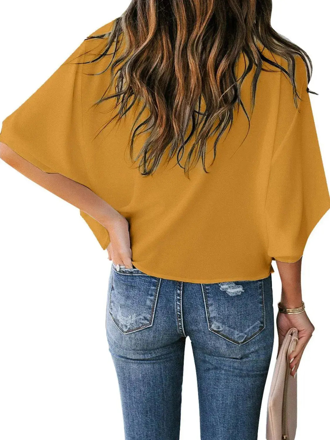 Full Size Ruched Three-Quarter Sleeve Blouse Plus Size - Premium Women Plus Size from Trendsi - Just $19.56! Shop now at Handbags Specialist Headquarter