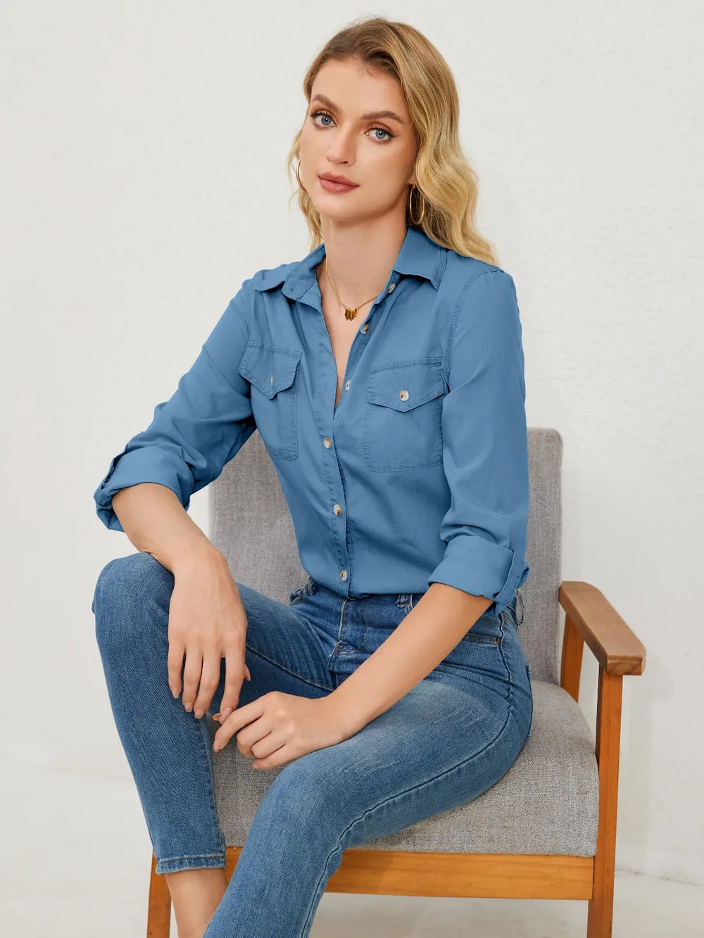Pocketed Button Up Long Sleeve Denim Shirt - Premium Women / Jeans & Denim from Trendsi - Just $33! Shop now at Handbags Specialist Headquarter