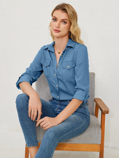 Pocketed Button Up Long Sleeve Denim Shirt - Premium Women / Jeans & Denim from Trendsi - Just $33! Shop now at Handbags Specialist Headquarter
