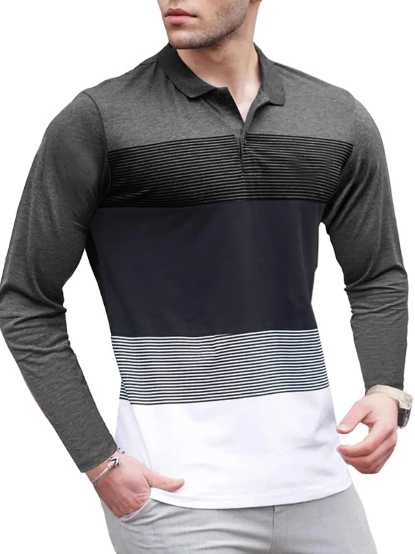 Men's Color Block Striped Long Sleeve Polo Shirt - Premium Men's Polo shirt from Trendsi - Just $39.99! Shop now at Handbags Specialist Headquarter