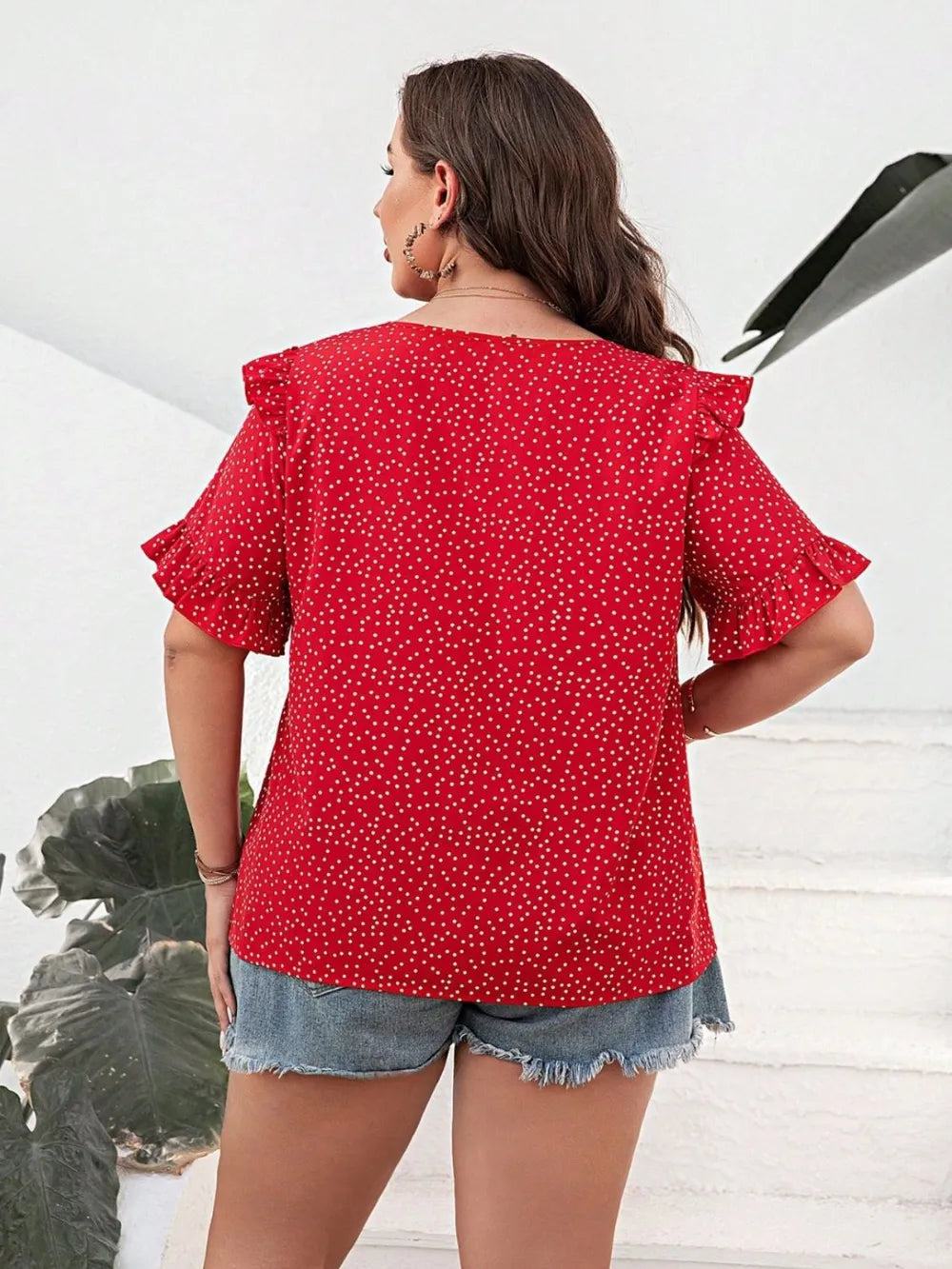 Plus Size Polka Dot Notched Flounce Sleeve Blouse - Premium Plus Size Shirts from Trendsi - Just $21! Shop now at Handbags Specialist Headquarter