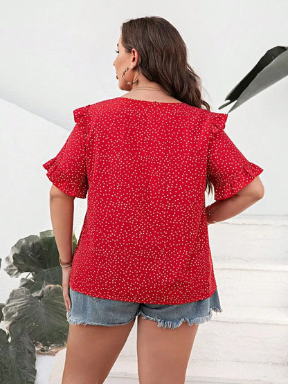 Plus Size Polka Dot Notched Flounce Sleeve Blouse - Premium Plus Size Shirts from Trendsi - Just $21! Shop now at Handbags Specialist Headquarter