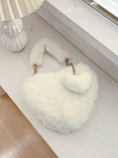 Heart Shape Faux Fur Handbag - Premium handbags from Trendsi - Just $19.99! Shop now at Handbags Specialist Headquarter