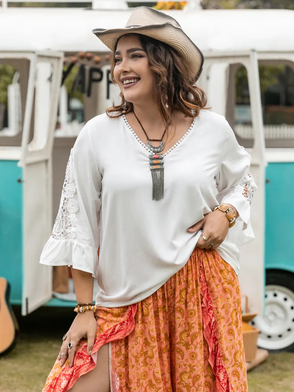 Plus Size Lace Detail V-Neck Three-Quarter Sleeve Blouse - Premium Plus Size Shirts from Trendsi - Just $22.50! Shop now at Handbags Specialist Headquarter