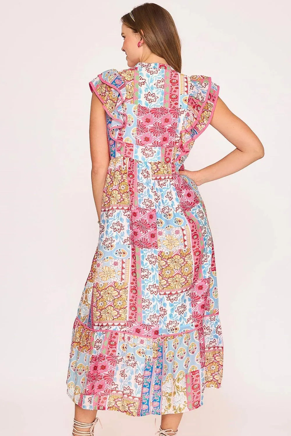 Umgee Full Size Tie Neck Double Layered Ruffle Sleeve Midi Dress Plus Size - Premium Dresses from Trendsi - Just $58.99! Shop now at Handbags Specialist Headquarter