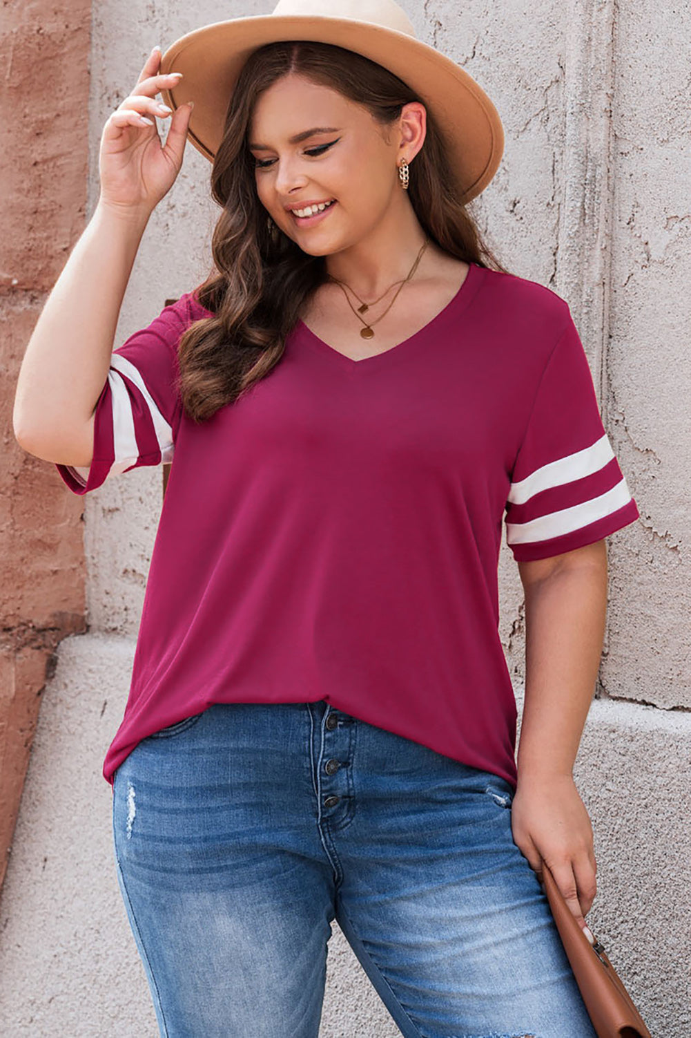 Plus Size Striped V-Neck Tee Shirt - Premium Plus Size Shirts from Trendsi - Just $26! Shop now at Handbags Specialist Headquarter
