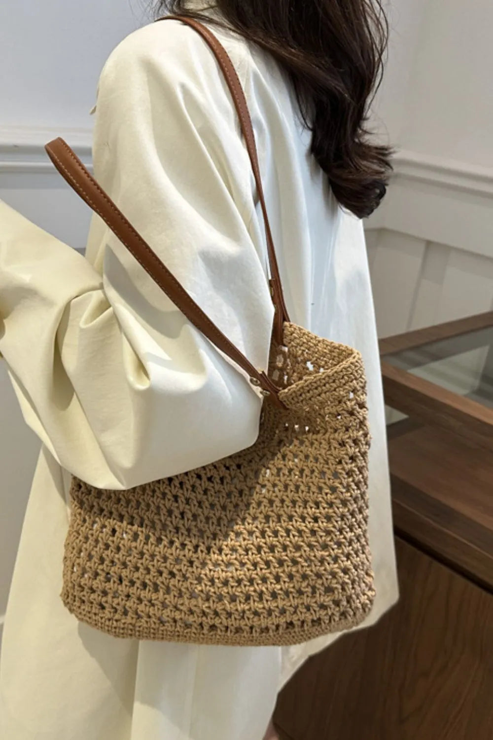 Openwork Woven Tote Bag - Premium Tote Bag from Trendsi - Just $39.99! Shop now at Handbags Specialist Headquarter