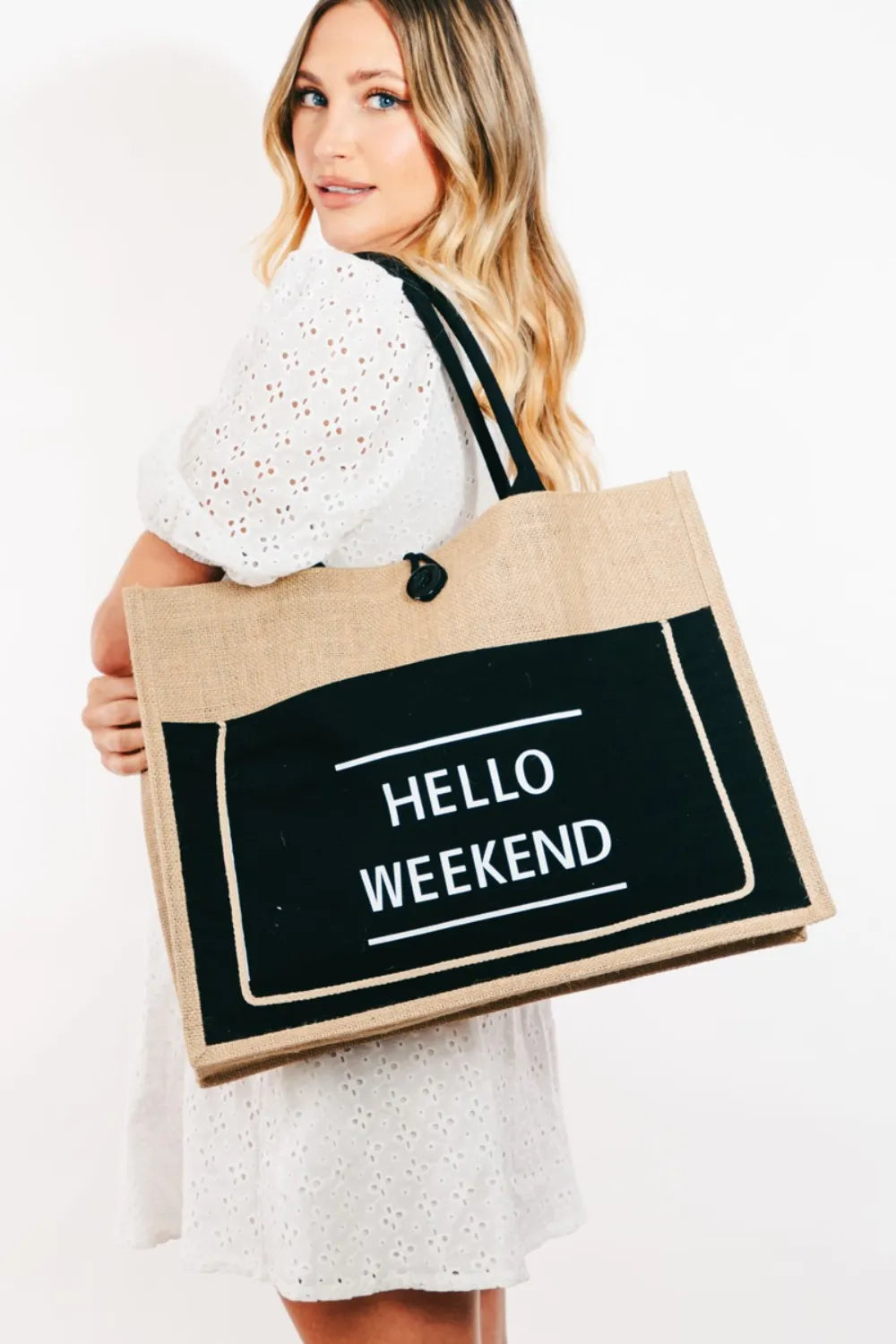 Fame Hello Weekend Burlap Tote Bag - Premium Tote Bag from Trendsi - Just $39.99! Shop now at Handbags Specialist Headquarter