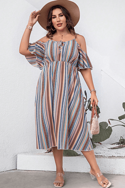 Plus Size Striped Cold-Shoulder Dress - Premium Dresses from Trendsi - Just $45.99! Shop now at Handbags Specialist Headquarter