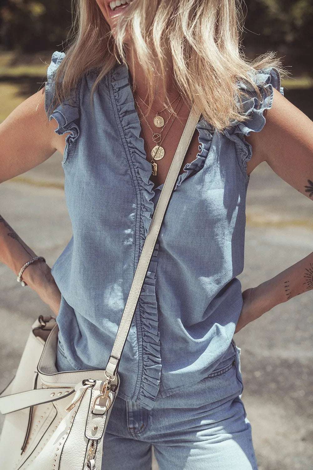 Frilly Ruffle Trim V Neck Chambray Tank - Premium Women / Jeans & Denim from Trendsi - Just $39.66! Shop now at Handbags Specialist Headquarter