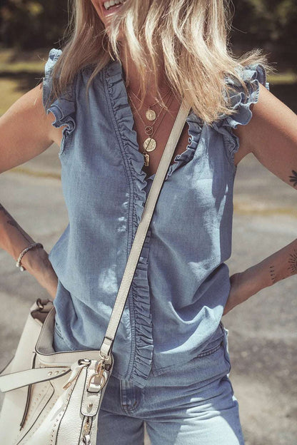 Frilly Ruffle Trim V Neck Chambray Tank - Premium Women / Jeans & Denim from Trendsi - Just $39.66! Shop now at Handbags Specialist Headquarter