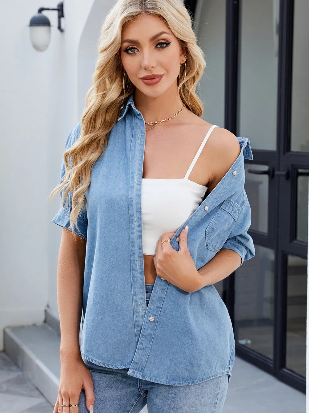 Collared Neck Button Up Denim Shirt - Premium Women / Jeans & Denim from Trendsi - Just $37.50! Shop now at Handbags Specialist Headquarter