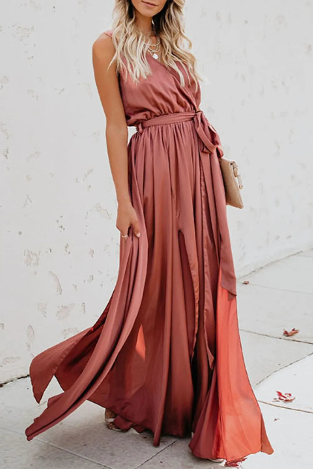 Surplice Tie Waist Maxi Dress - Premium Maxi Dress from Trendsi - Just $39.99! Shop now at Handbags Specialist Headquarter